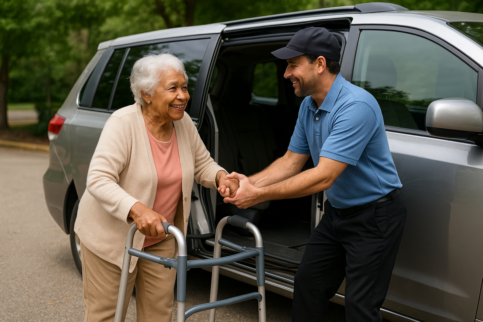 Senior Transportation Atlanta driver helping an older woman with a walker into a vehicle, providing safe and caring senior transportation in Atlanta.